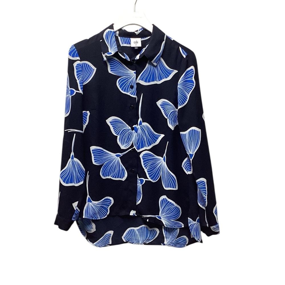 Cabi Regal button up Blouse. Navy with light blue irises. Size XS